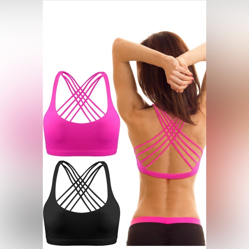 2 Pack Women’s Sports Bras Strappy Criss-Cross Back Bras - 1 Black & 1 Pink